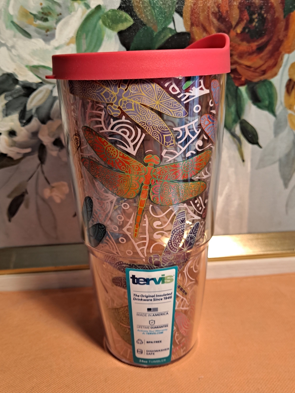 tervis Tumbler Pink Lid Multicolor Dragonfly Mandala Design 24oz Insulated